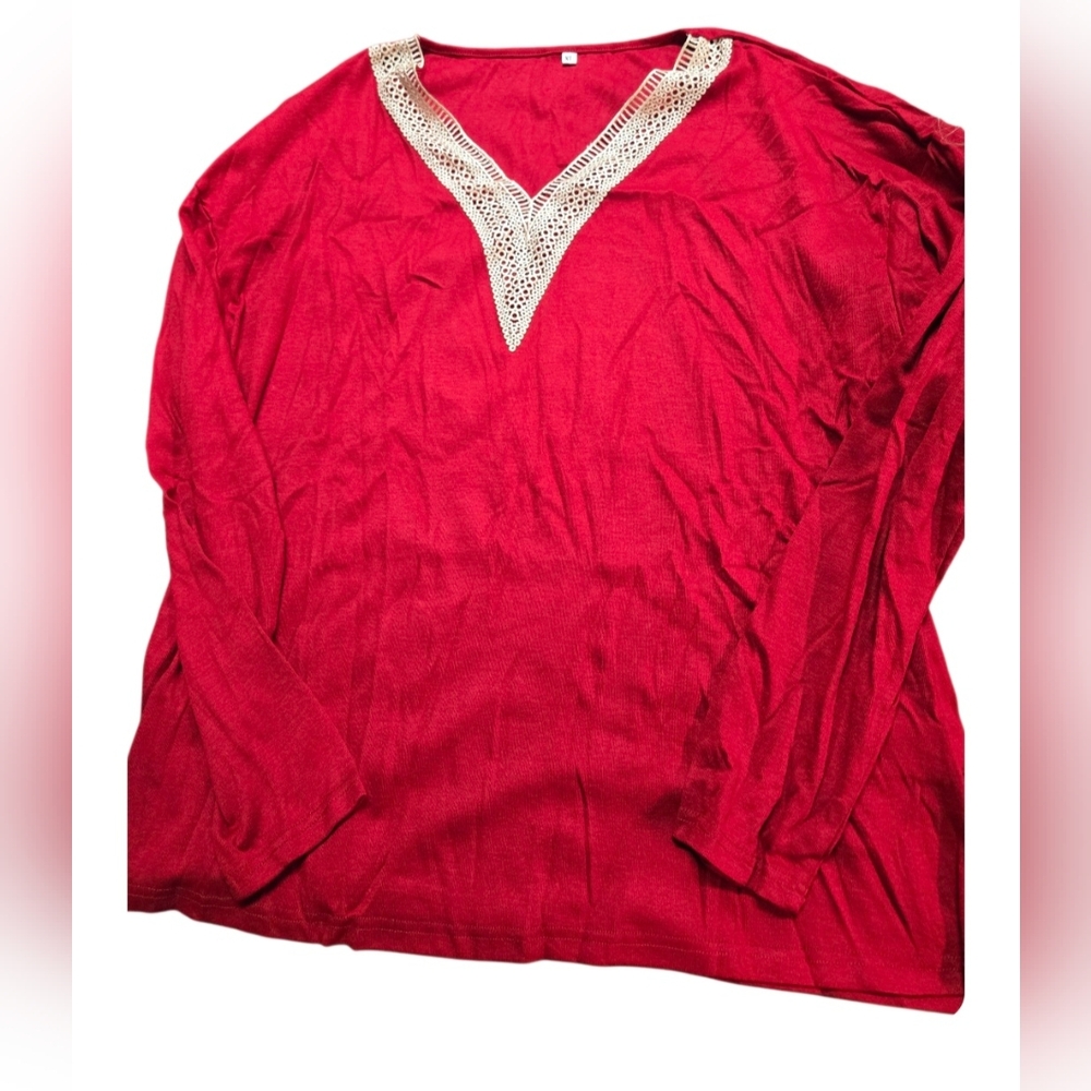 Red Long Sleeve Top with Lace Accent